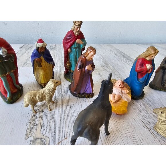 Vintage Germany paper mache nativity Wiseman Joseph Jesus animals Xmas décor - Picture 3 of 8